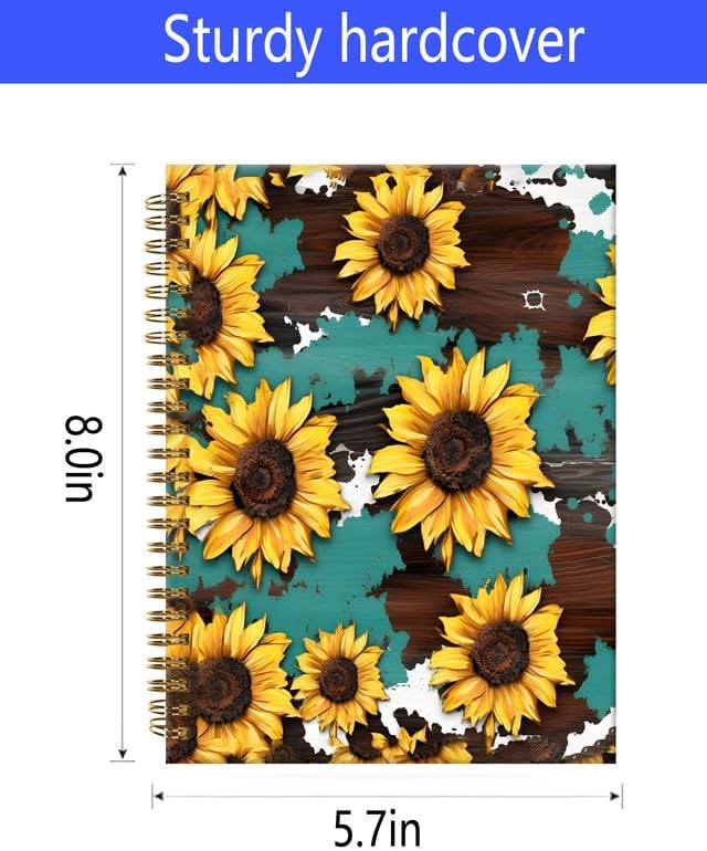 Spiral Journal Notebook,A5 Hardcover Lined Journals for Women Girl 6 x 8.3 in,120 Pages Thick Paper,Cute College Ruled Writing Notebook for Gifts Office Work School(Sunflower Cow Wood Grain)