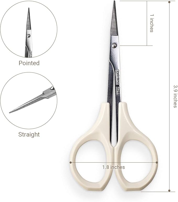 Eyebrow Scissors Self Care Tools Small Scissors for Facial, Nose, Eyebrow, Mustache, and Beard Hair Trimming & Grooming, Straight Edge, White Short Cap