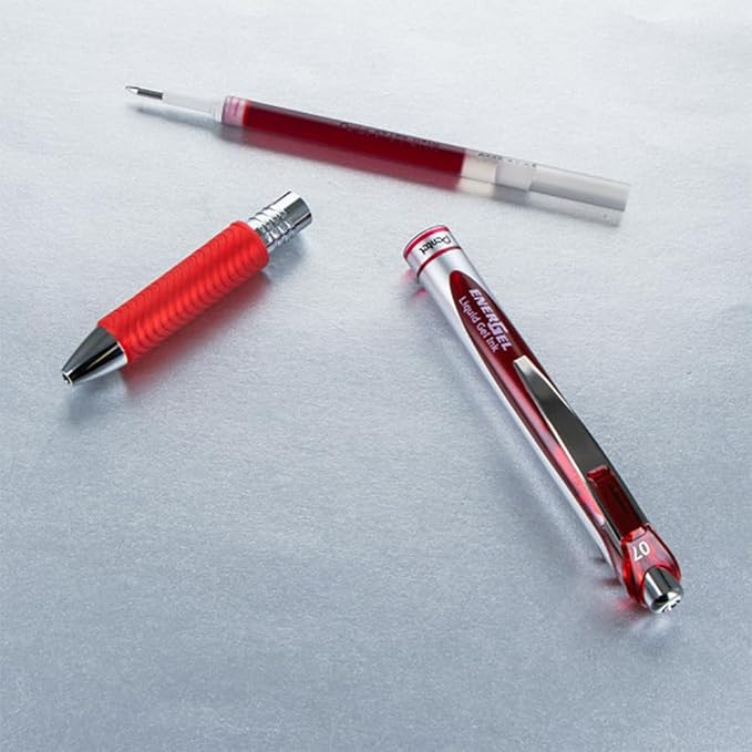 EnerGel RTX Retractable Liquid Gel Pen, (0.7mm) Metal Tip, Medium Line, Red Ink, 3 Pack