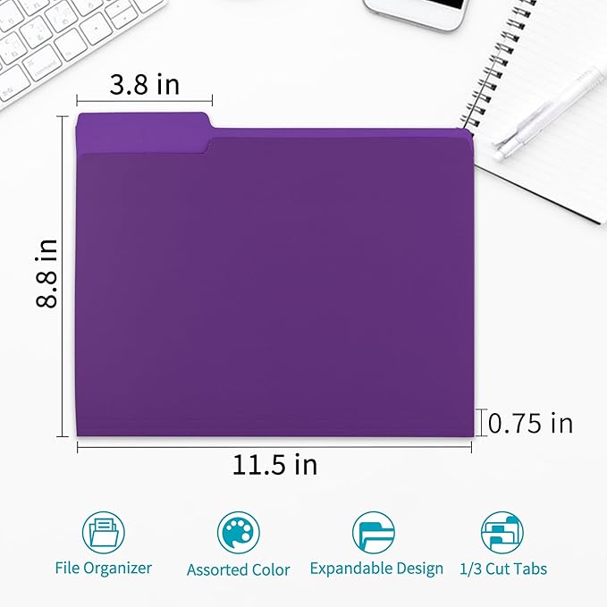 100 Packs Colored File Folders,Purple File Folders Letter Size,1/3 Cut Tabs File Folder,Two-Tone File Folder,Manila File Folders for Office,School and Home,Organization