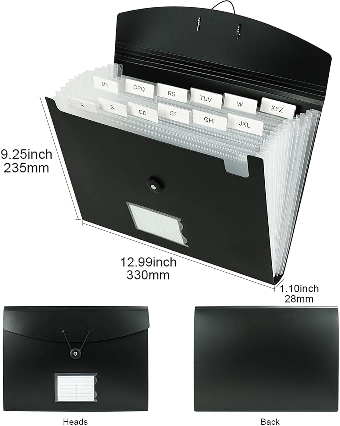 Accordion File Organizer, 13 Pocket Expanding File Folder Organizer for Letter Size/A4 Documents, Expandable Portable Monthly Bill/Receipt Organizer for Home/Office/School (Black)