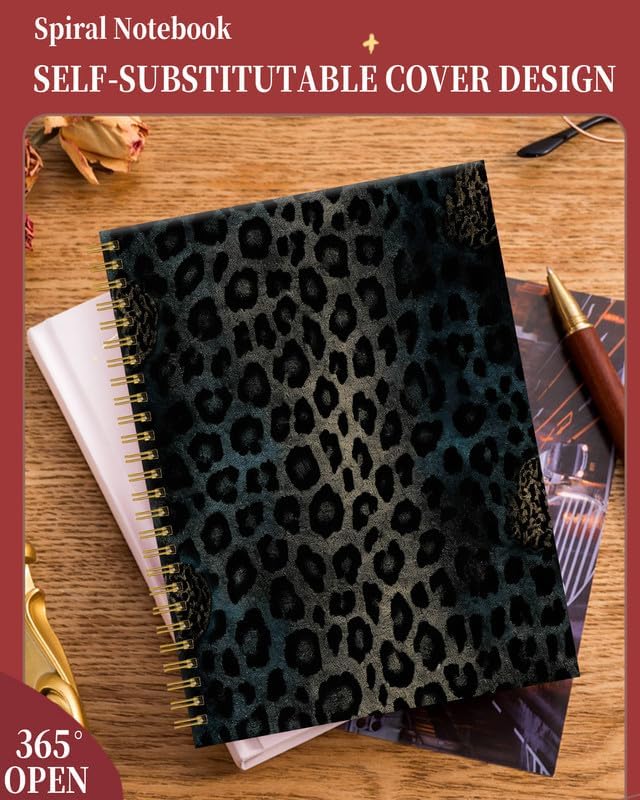 Spiral Journal Notebook for Women,A5 College Ruled Notebooks 6"x 8.4", 120 Pages (60 Sheets) Lined Journal with Premium Thick Paper,Perfect for School Office Home(Wild Animals Black Leopard)