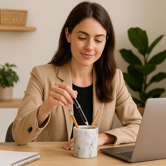 Creative Home Solid Natural Marble Pen Holder – Heavyweight Pencil Cup Organizer for Desk, Vanity, or Bathroom, 3.3" Diameter x 4.5" Height, Off-White with Unique Stone Patterns