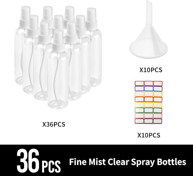 36 Pack Plastic Small Spray Bottles 4 oz/120 ml, Fine Mist Clear Empty Plastic Small Travel Spray Bottle, with 10 Funnels and 10 Labels