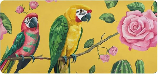 Mouse Pad Desk Mat Leather Desk Pad Large Gaming Desk Cover Protector Mat for Keyboard Computer Laptop Office Waterproof 35.4 x 16.5 Inch Yellow Cactus Parrots and Roses