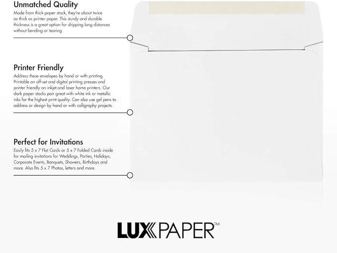 LUXPaper A7 Invitation Envelopes | 5 1/4" x 7 1/4" | White | 24lb. Text | 500 Qty