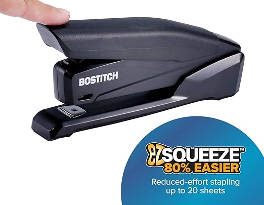 Bostitch Office Executive 3 in 1 Stapler, Includes 210 Staples and Integrated Staple Remover, One Finger Stapling, No Effort, 20 Sheet Capacity, Spring Powered Stapler, Black (INP20-BLK)