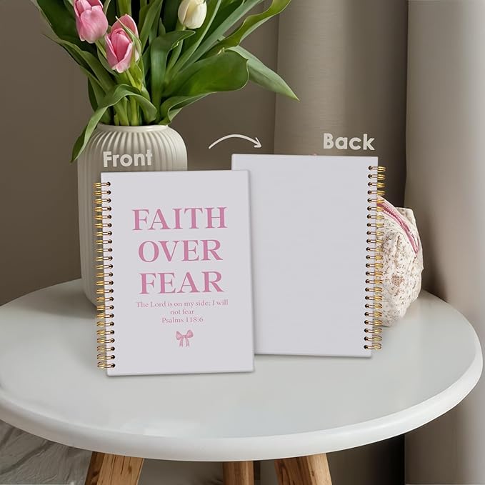 Coquette Pink Bow Notebook Journals, Prayer Journal for Woman, Christian Gifts Cute Notebooks for Women，Bible Notebooks for Note Taking, Faith Over Fear Hardcover Spiral Notebook 5.5x8.3