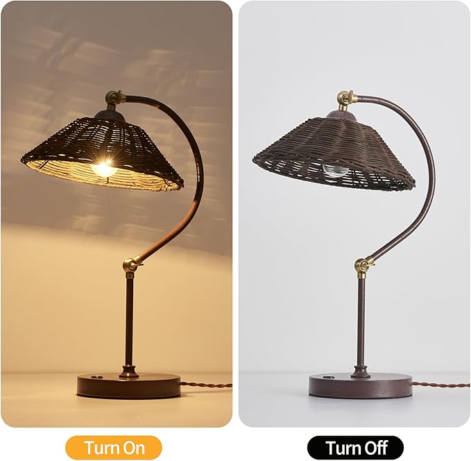 Woven Rattan Bedside Table Lamp for Bedroom, Boho Plug in Handmade Rattan Shade & Anti-Rust Iron Base Desk Lamp, Plug & Play Vintage Dark Brown Nightstand Lamp for Living Room, Office 【Bulb Included】