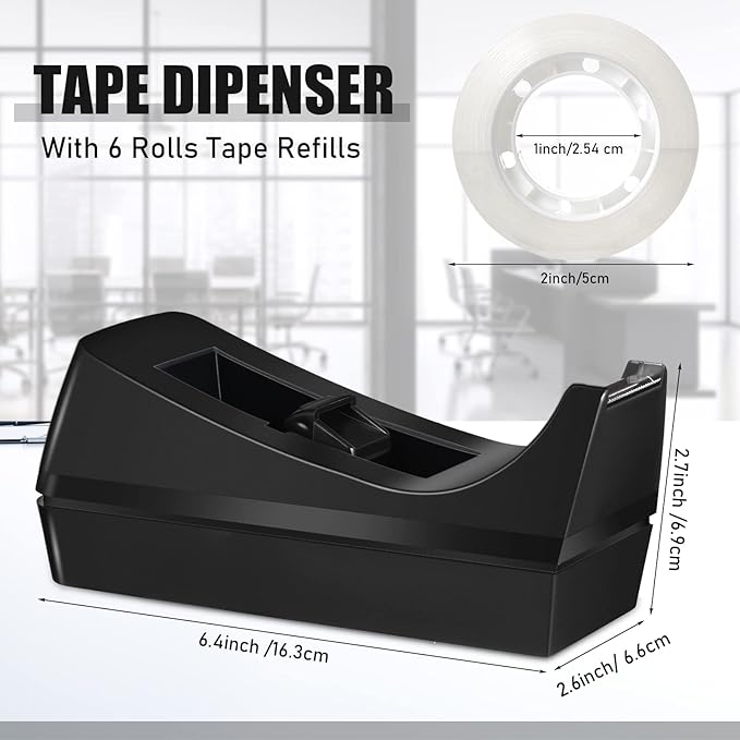 Thenshop 12 Pcs Desk Staplers Tape Dispensers Sets Black Staplers for Desktop Office with Standard Staples Black Holder with White Tape for Office School