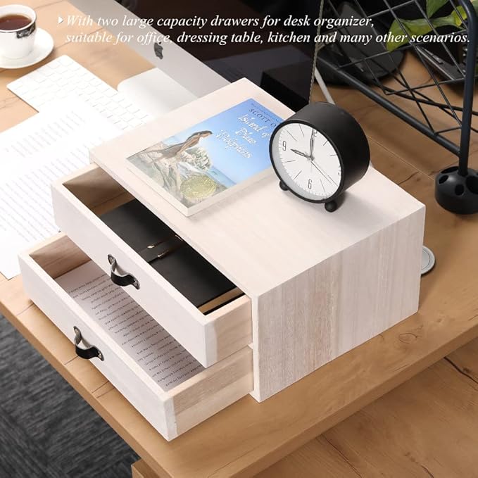 Desk Organizer Drawers for Office Supplies Kitchen Storage - Wood Makeup Organizer Box/Countertop Drawers Chest for Dresser Wooden Cabinet Printer Stand Machine Shelf White (FAX2C-WH）