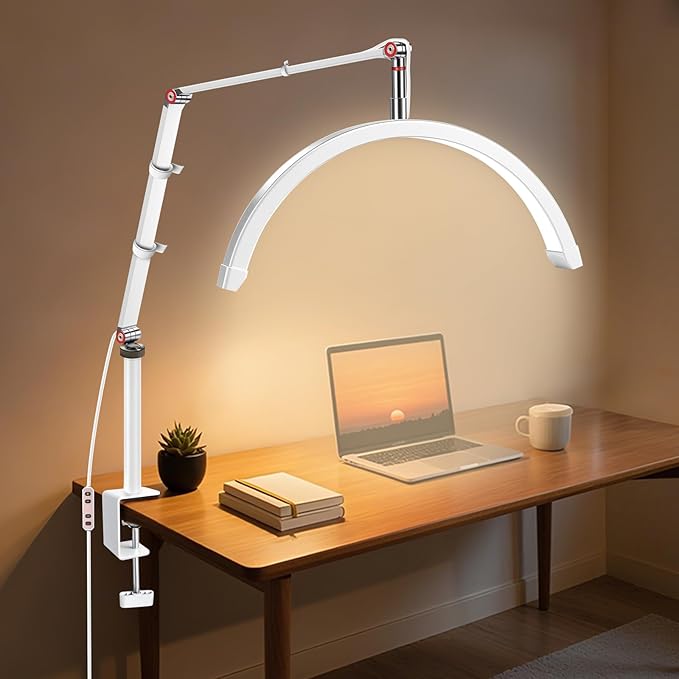 Professional LED Desk Lamp, Half Moon Light for Desk with Clip&Phone Holder, Esthetician Light with Adjustable 10-Level Dimming & 3 Color for Work,Office,Makeup,Nail Salon,Tattoo,Craft (White)