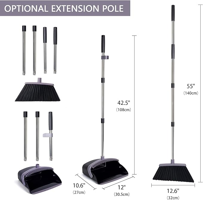 XXFLOWER Broom and Dustpan Set, Dustpans with Broom Combo for Home, Heavy Dust Broom and Dustpan Combo, Long Handle Dust Pan and Broom Set for Kitchen, Office, Pet Hair, Charcoal Color, Pack of 1