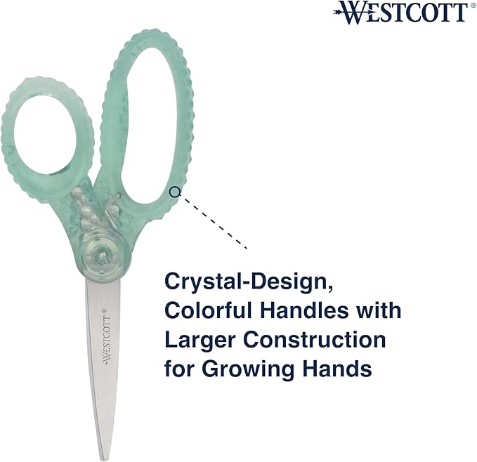 Westcott GEM Crystal-Design 7-Inch Pointed Student Scissors for Ages 12+, Classroom Essential with Comfortable Grip, Ideal for Left or Right Hand, Back to School, School Supplies, Green
