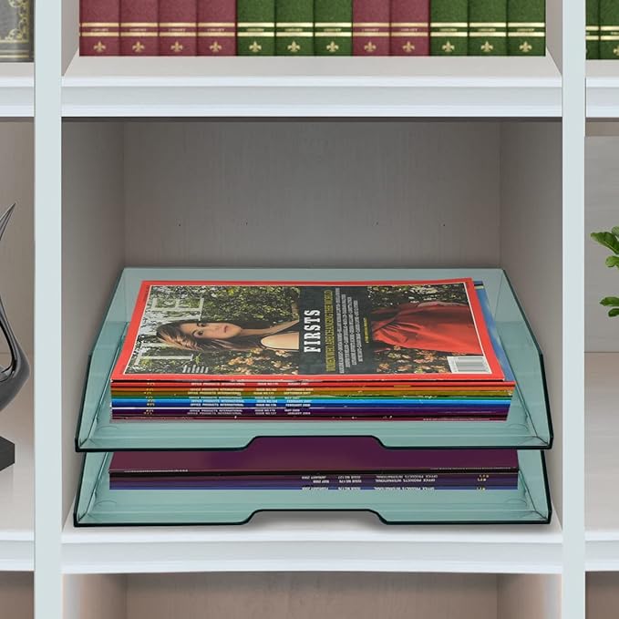 Acrimet Stackable Letter Tray 2 Tier Side Load, Plastic, Desktop File Organizer (Clear Green Color)