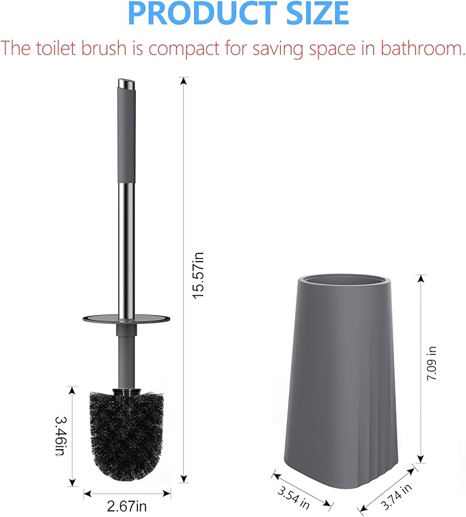 SetSail Toilet Brush, Compact Size Toilet Bowl Brush and Holder Toilet Brushes for Bathroom with Stainless Steel Handle Toilet Cleaner Brush with Durable Scrubbing Bristles, 2 Packs-Gery