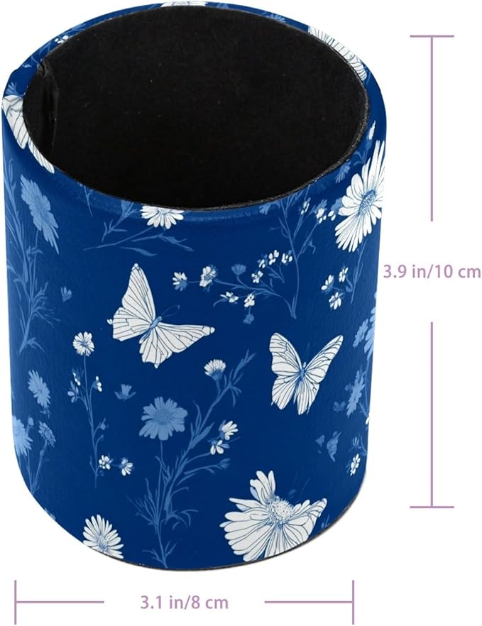 Leather Pen Holder for Desk Blue Butterfly Pencil Cup Desktop Organizer Makeup Brush Holders Office Supplies for Home, Kids & School