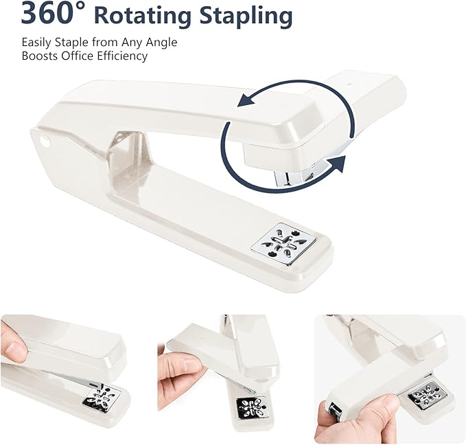 MJMX 360° Rotating Swing-Arm Stapler, 25-Sheet Capacity, with 1000 Staples, 8-Position Lock, ABS Durable Design, for Office/Home/School (Gray White)