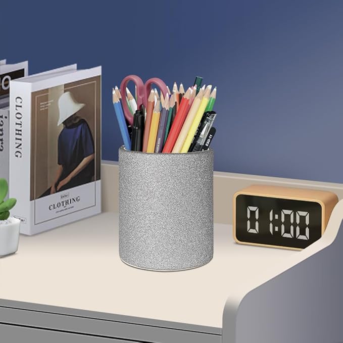 CXLE Pencil Holder Desk Organizer, PU Leather Pen Holder for Desk Decor Organizer Cosmetics Brush Holder for Teachers Students Storage Box Office Classroom(Sliver)