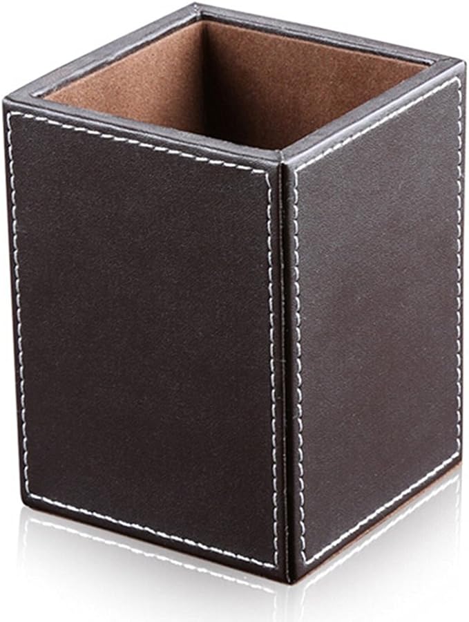 KINGFOM 3PCS/SET Desk Organizers and Accessories, Pu Leather Office Supplies Organization Set with Tissue Holder, Pencil Holder and Business Name Cards Stand Brown