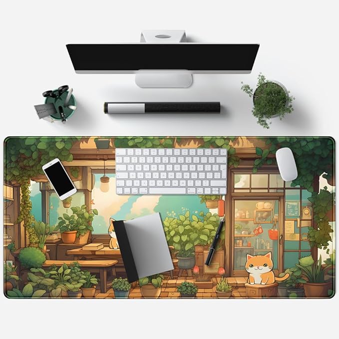 Desk Mat Cat Plant Green Large Mouse Pad Long Mousepad Gaming Office Decor Big Computer PC Laptop Protector Desk Mat Keyboard Pad Non-Slip Rubber Base Mousepad Long with Stitched Edges 31.5x15.7 in