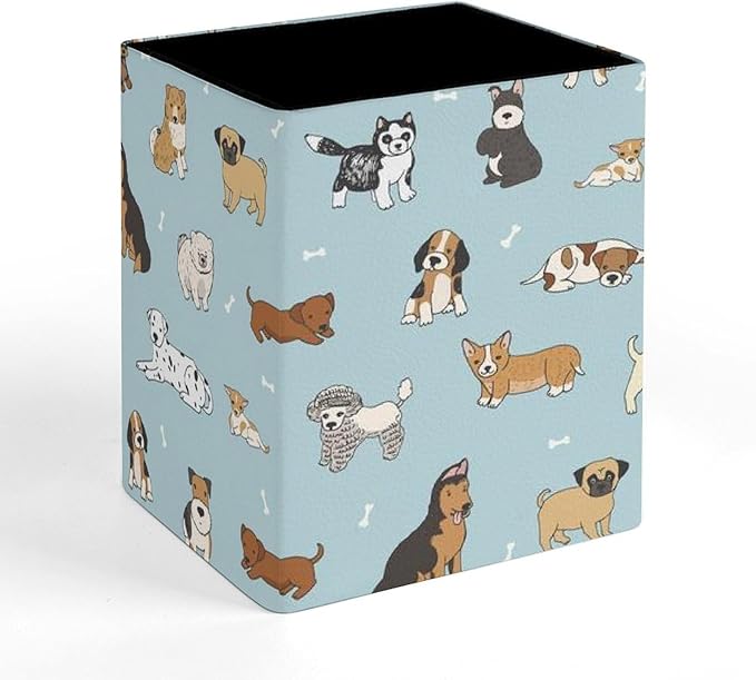 Square Pen Holder & Pencil Organizer for Desk - Office Storage Organizer, Markers/Makeup Brushes/Scissors Holder, Compact Desk Decor Accessories for Home Classroom School(Doodle puppy dog)