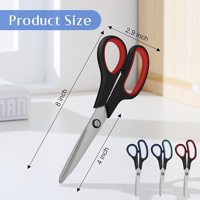 3 Pack Scissors All Purpose, 8.3" Sharp Stainless Steel Scissor With Ergonomic Soft-Grip Handles, Right/Left Hand, Scissors for Office, School, Classroom, Kitchen, Crafts, Sewing (Red+Green+Blue)