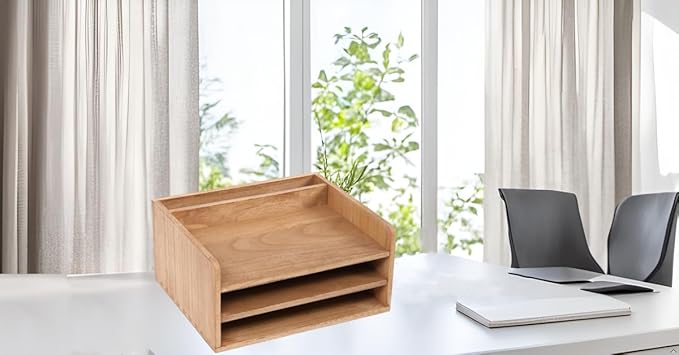 3 Tier Desktop Letter Tray for Office Desk Organizer and Accessories - Wood File Folder Holder for Paper Document Organizer Mail Sorter Workspace Counter Storage Book Shelf Light WJJ3K-LT