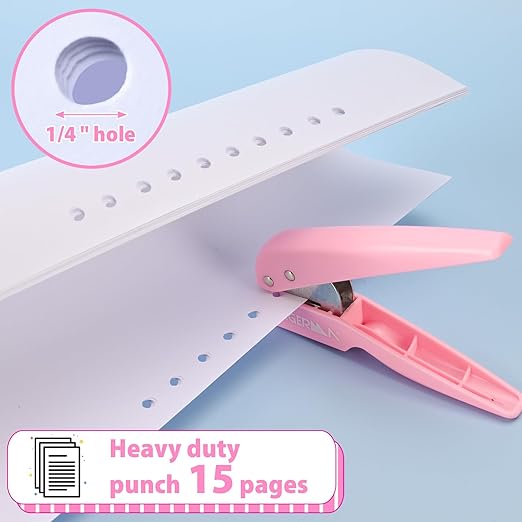 Single Hole Punch, 1/4" Hole Punches, 50% Labor Savings, Paper Hole Puncher, 15 Sheet Capacity, for Paper Cards Plastic Cardboard, Lightweight, Pink