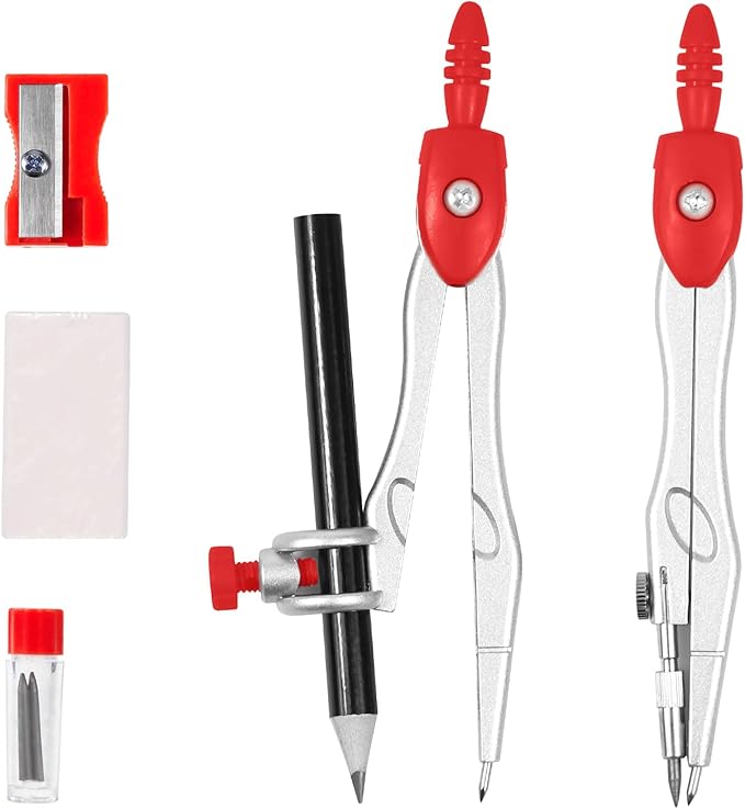 Math Geometry Sets 10 Piece Student Supplies with Shatterproof Storage Box,Includes Rulers,Protractor,Compass,Eraser,Pencil Sharpener,Lead Refills,Pencil,for Drafting and Drawings (Red)）