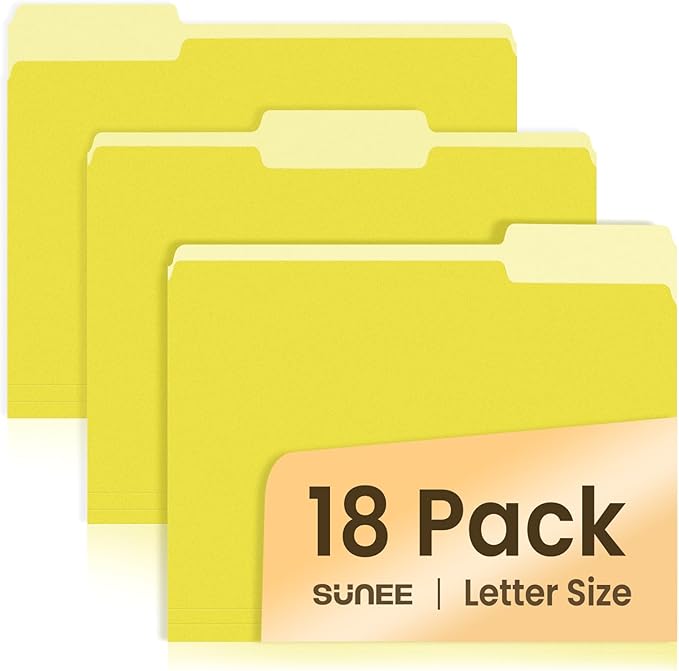 SUNEE File Folders, 18 Pack Manilla Folders 8.5 x 11, Colored File Folders Home Office School Supplies for Documents Files Paper, Yellow