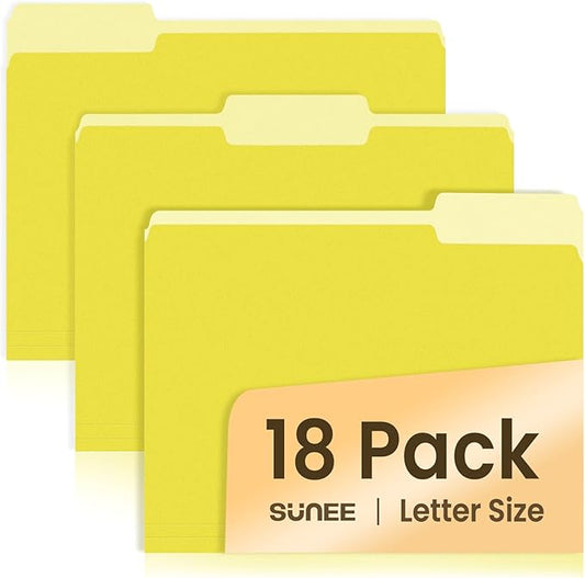 SUNEE File Folders, 18 Pack Manilla Folders 8.5 x 11, Colored File Folders Home Office School Supplies for Documents Files Paper, Yellow