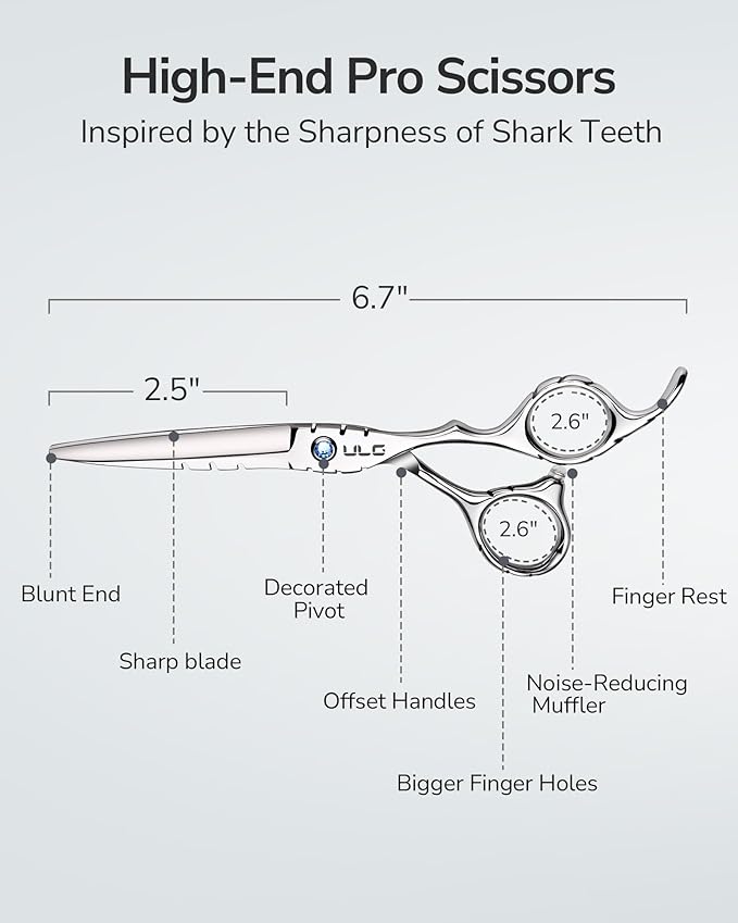 ULG Hair Cutting Scissors 6.7” Shark Series, 100% Japanese Stainless Steel Ultra Sharp, Concave Blade Barber Shears, Ergonomic Offset Handle, Professional Salon Haircut Scissors for Home & Salon Use