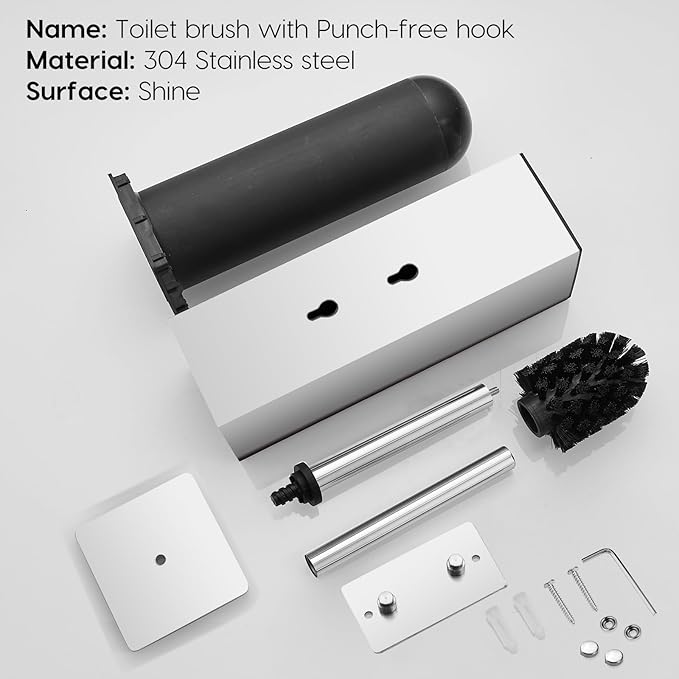 JOVYXIE Bright Silver Stainless Steel Square Toilet Brush with Metal Lid Dual-Use Toilet Brush Holder with Drilled + Drill-Free Hook Base Includes Removable Inner Bucket (Bright Silver)