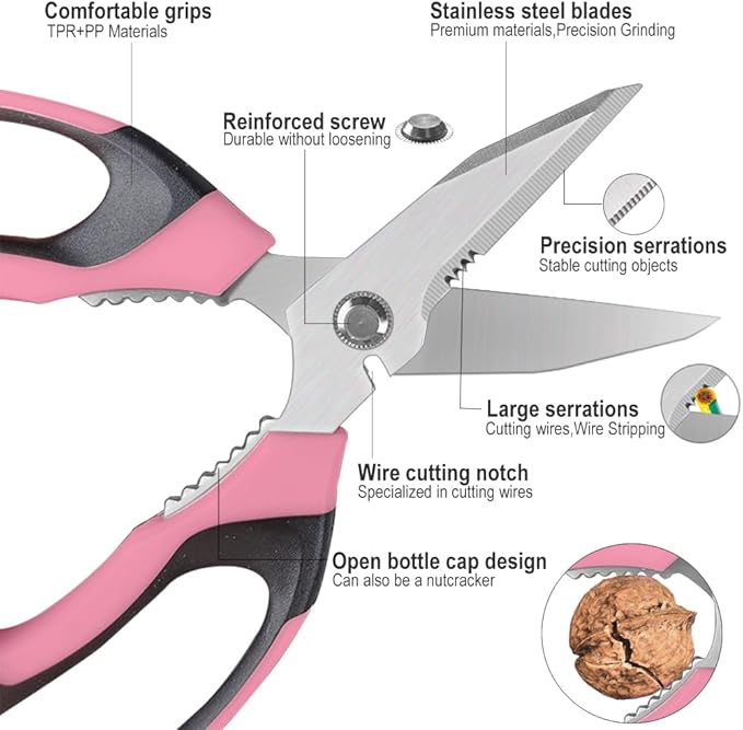 Heavy Duty 8'' Multipurpose Scissors with Protective Cover, Stainless Steel Serrated Blades, Easy Cutting Cardboard, Leather, Fabric, Wires (PINK)