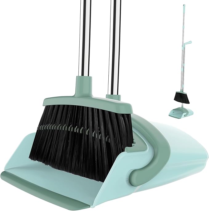 EZKEY Broom and Dustpan Set for Home, 51-in Long Adjustable Handle Angle Broom and Dustpan Combo Set with Dust Pan Teeth to Clean Hair for Home Kitchen Office Lobby Floor Garden, Green