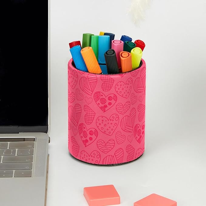 Pen Holder Cup Pencil Cup Holder for Office Valentine's Day Hand Drawn Pink Hearts Pattern Desk Organizer