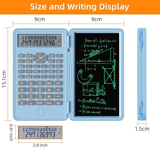 Scientific Calculator with Writing Pad, 240 Computing Functions, Foldable Case, HD Screen, Anti-Deletion Lock & One-Click Clear, Perfect for School, Finance & Engineering (Sky Blue)