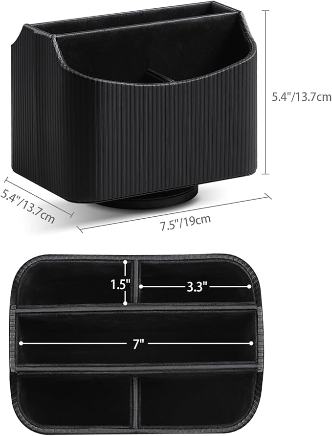 PU Leather Remote Control Holder, 360 Degree Rotating Desk Organizer Storage Table Remote Caddy, Spinning Bedside Organizer Nightstand Organizer for Desktop Office Home Black