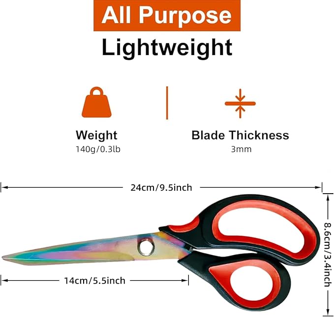 Scissors Multi-Purpose, 9.5" Sharp Sewing Scissors, Professional Heavy Duty Titanium Coating Forged Stainless Steel Shears for Fabric Leather,Dressmaking,Tailoring,Quilting,Home,Office,Art & School