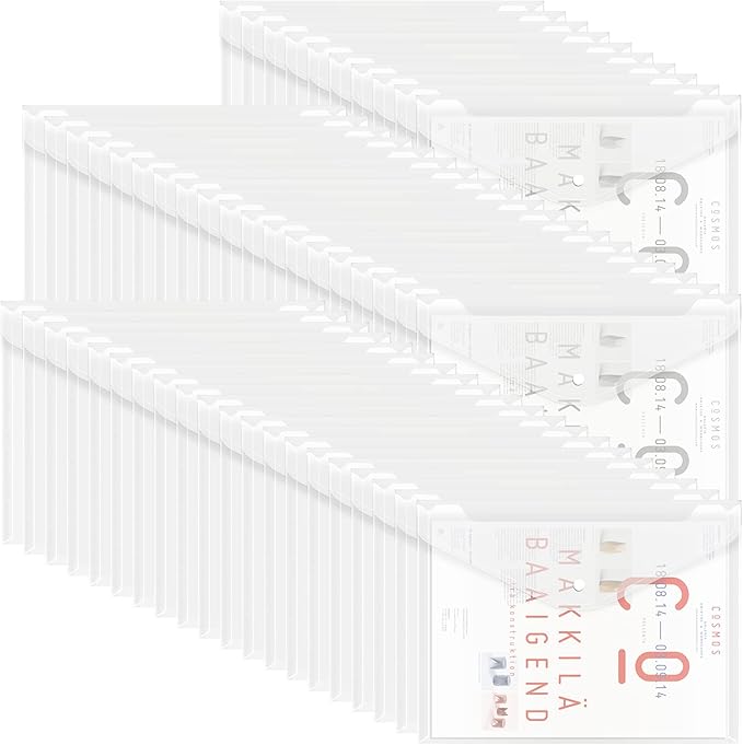 EOOUT 50pcs Plastic Envelopes with Button Snap Closure, Clear Poly Folders for Documents, Waterproof Plastic File Folder, Letter Size, A4 Size, for School and Office Supplies