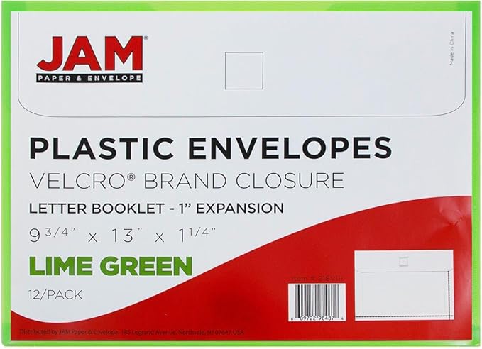 JAM PAPER Plastic Expansion Envelopes with Hook & Loop Closure - Letter Booklet - 9 3/4 x 13 with 1 Inch Expansion - Lime Green - 3/Pack