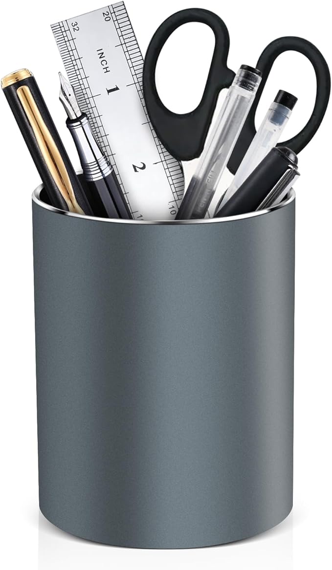 Metal Pen Holder for Desk Round Aluminum Desktop Organizer and Makeup Brush Holder Storage Box for Office, School, Home, and Kids, Non-slip silicone bottom3.9×3.14inch (Grey)