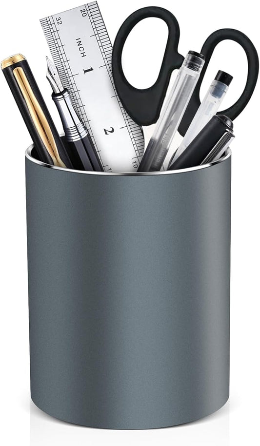 Metal Pen Holder for Desk Round Aluminum Desktop Organizer and Makeup Brush Holder Storage Box for Office, School, Home, and Kids, Non-slip silicone bottom3.9×3.14inch (Grey)