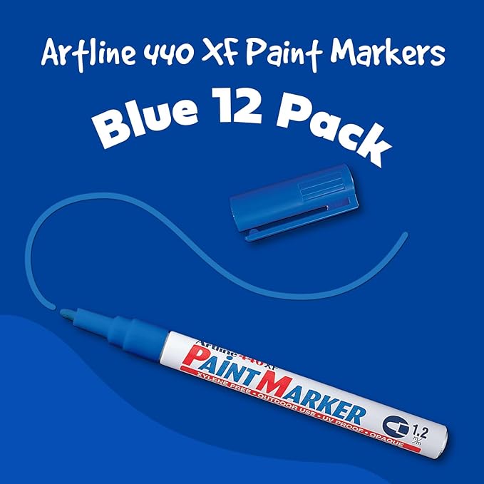 Artline 440XF Paint Markers for Wood, Plastic, and Canvas, Waterproof Marker for Indoor/Outdoor Applications, Opaque Coloring Markers with 1.2mm Bullet Tip - Blue, 12 Pack