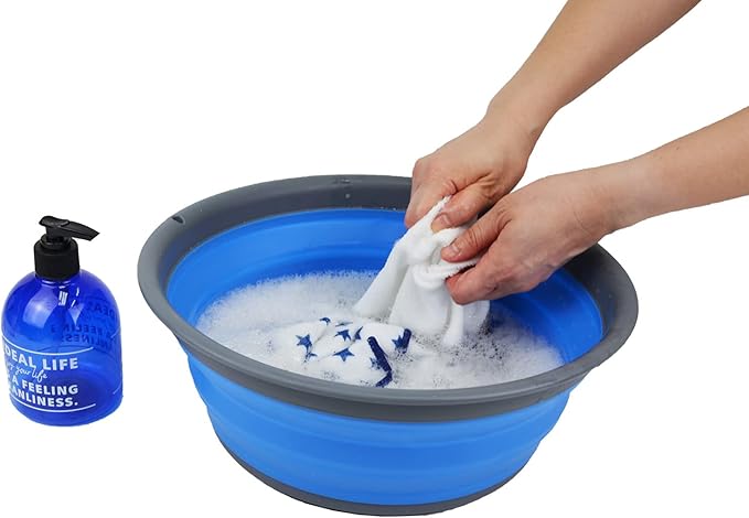 SAMMART 7.5L (1.98 Gallon) Collapsible Tub - Foldable Dish Tub - Portable Washing Basin - Space Saving Plastic Washtub (Grey/Blue)