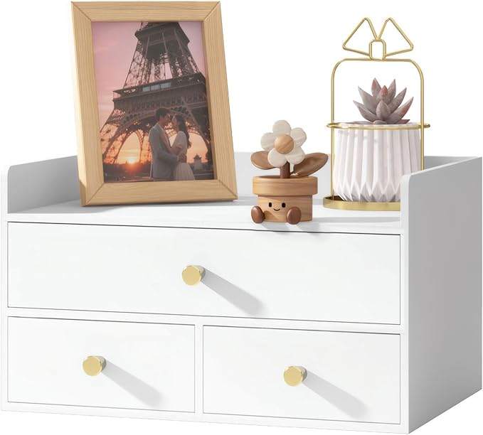 Bamboo Desk Organizer with Drawers Wooden Desktop Storage Organization Box for Bills Office Supplies Kitchen Utensils Organizing Tool for Home Classroom Vanity, No Assembly Required (3 Drawers, White)