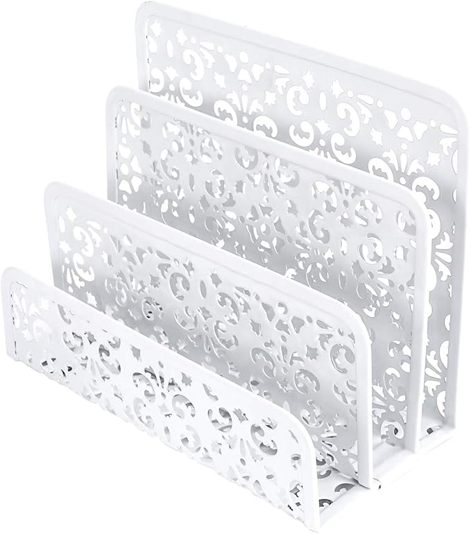 EasyPAG 5-Piece Desk Organizer Set with Carved Floral Design - No Assembly Stackable 2-Tier File Tray, Letter Sorter, Pen & Card Holders for Office/Home/Dorm, White