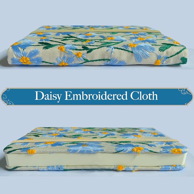 A5 Notebook, Flower Journal, Embroidered Notebook, 8"x6", Hardcover, Lay Flat, Lined, Wide Ruled Paper, Personalized Notebook, Pretty Journal, Daisy Gifts for Women, Blue, with Elastic Band