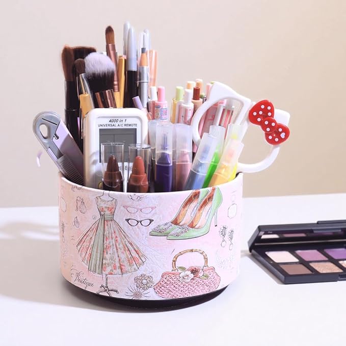 360° Rotate Desk Pen Organizer, Makeup Brush Holder Organizer, Makeup Organizers Countertop, TV Remote Control Holder,Leather Remote Caddy,Dual-Purpose Art Supply Pencil Cup (Fashion illustration)